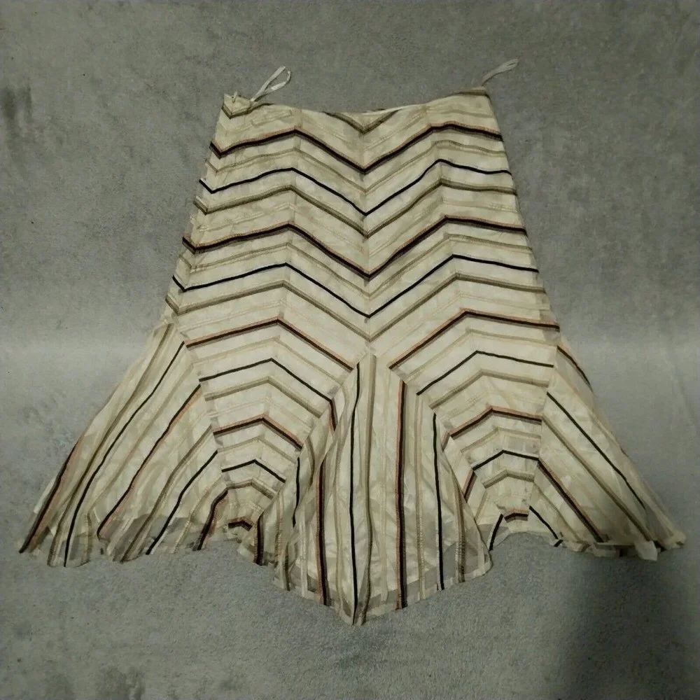 Coast Skirt Womens 12 Cream Stripe Geometric Midi Lined Zip Net Diamond Flared - Picture 6 of 15